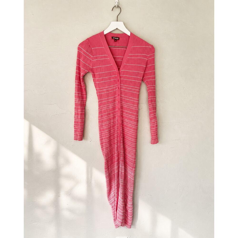STAUD Shoko Pink Striped Ribbed Knit Button Front Sweater Dress M
